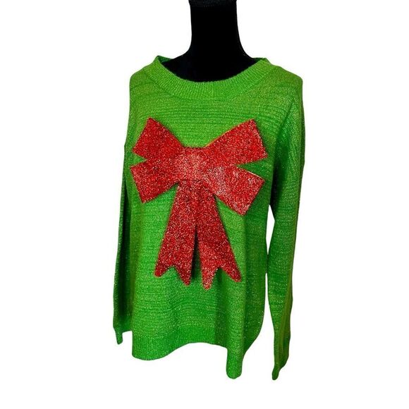 UGLY CHRISTMAS SWEATER SHIMMER/SPARKLE GREEN W/ RED GLITTER BOW WOMENS 2XL - Picture 1 of 8